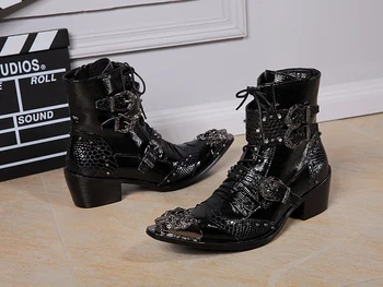 Plus Size 2016 Leather Ankle Boots High Heel CM Cowboy Shoes Metal Tip Studded Buckle Riding Shoes Size 38-46 us12