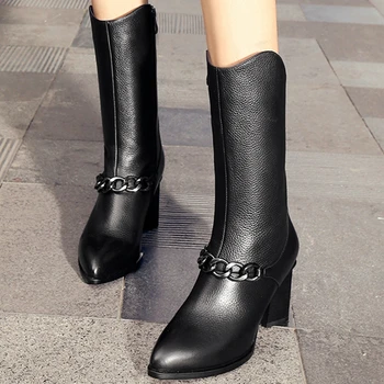 New 2017 Luxury designer Shoes Women Genuine Leather Chain Boots Pointed Toe Strange Heel Fashion Ladies brand Booties Shoes