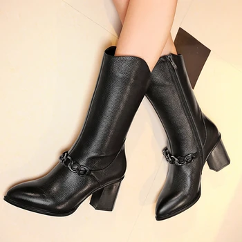 New 2017 Luxury designer Shoes Women Genuine Leather Chain Boots Pointed Toe Strange Heel Fashion Ladies brand Booties Shoes