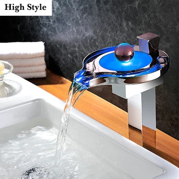 Tall Led Faucet Light Water Tap 3 Colors Temperature Controlled Bathroom Waterfall Sink Square Faucet torneira