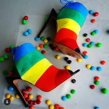 Rainbow Striped Suede Sandals Multicolor Slingback High brand Women Pumps Open Toe Ankle Strappy Booties Sexy Ladies Stiletto