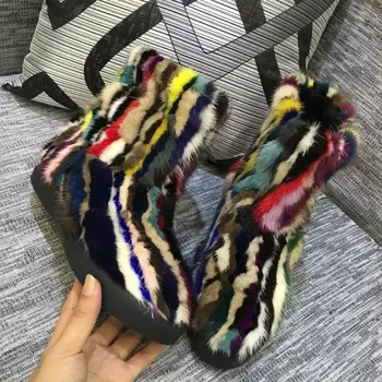 2016 Fashion Trend Warm brand Dress Shoes Women Round Toe Flat Booties Designer Multicolored Fur Embellished Ankle Snow Boots