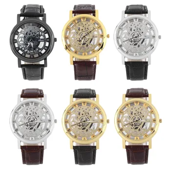 Cool Design Hollow Out Transparent Dial PU Leather Wrist Watch Gift Relojes Hombre