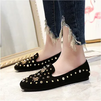 2017 Spring Shoes All-Match Square Toe Little Bees Women Loafers Shallow Mouth Casual Pedal Rivet flats