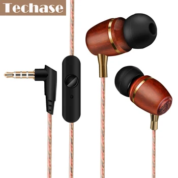 Techase Headset Wooden Headphones Wired Control Fone De Ouvido With Microphone Earphone Compatible For Phones Tablet MP3 Player