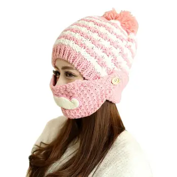 Cute Beanie Beard Winter Hat For Women Wool Knit Cap Beanies With Mouth Mask Face Warm Women's Hats Skull Balaclava Gorros #JO
