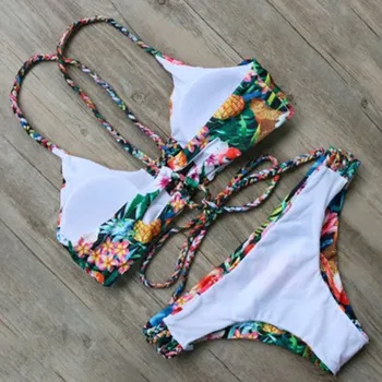 Latest Bikini 2017 Cutout Lace-Up Floral Bikini Set swimwear women bandage swimsuit Brazilian beach swimming suit