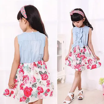 Girls Summer Dress Flower Sleeveless Denim Fashion Kids Bowknot Dress Girl Dress