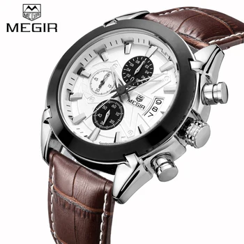 New Luxury Brand MEGIR Brown Leather Band Chronograph Quartz Watch Men Sports Waterproof Wristwatch Clock Man relogio masculino