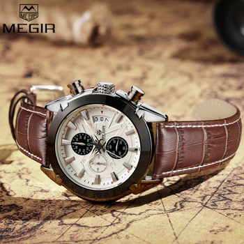 New Luxury Brand MEGIR Brown Leather Band Chronograph Quartz Watch Men Sports Waterproof Wristwatch Clock Man relogio masculino