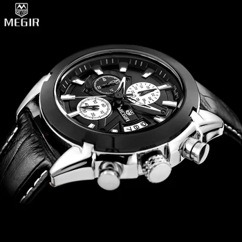 2016 MEGIR Genuine Leather Business Watches Men Casual Quartz-watch Military Chronograph Men's Brand Luxury Famous Wristwatch