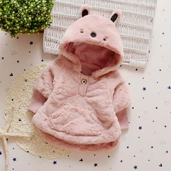 New Brand Girls Winter Coat Lovely Solid Fashion Kids Baby Girl Warm Clothes Latest Girls Children Clothing Bear Hat Jacket