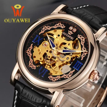 OUYAWEI Brand Luxury Sport Watch Mens Automatic Skeleton Mechanical Wristwatches Fashion Casual Leather watch Relogio Masculino