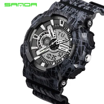 2017 Quartz Digital Camo Watch Men Dual Time Man Sports Watches Men SANDA Shockproof Military Army Reloj Hombre LED Wristwatches