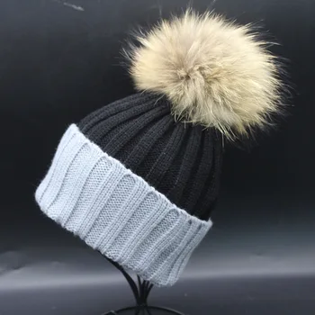 New super big genuine raccoon fur beanies knitted arcylic thick warm winter cute patchwork colorful casual beanies top quality
