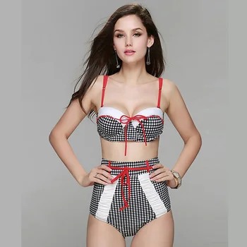 High Waist Swimsuit Sexy Striped Print Halter Underwire Pin Up Bathing Suit Women Plus Size Brazilian Bikini Set