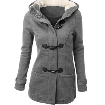 MYCOURSE Fashion Casual Winter Warm Slim Hooded Jacket Coat Outwear Horn Button Overcoat Autumn Women Long Woolen Coat Parkas