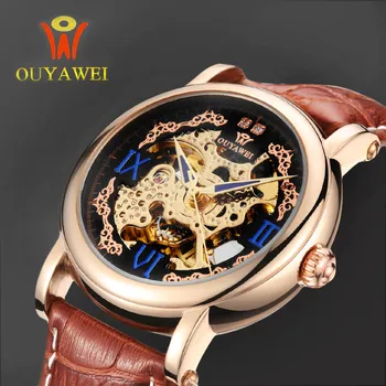OUYAWEI Brand Gold Mechanical Watches Luxury Automatic Watches Mens Leather Strap Skeleton Wristwatches Reloj Hombre Gift Clocks