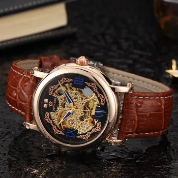 OUYAWEI Brand Gold Mechanical Watches Luxury Automatic Watches Mens Leather Strap Skeleton Wristwatches Reloj Hombre Gift Clocks