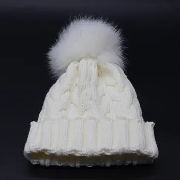 Super big size fox fur pom pom knitted beanies twisted unisex kids hat warm arcylic children pom pom fox fur hat