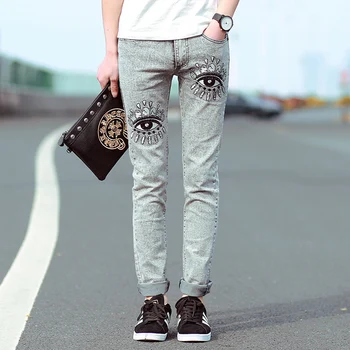 Mens skinny jeans slim pencil pants 2017 new Korean fashion elastic jeans cotton eye patterm printed embroidered jeans men