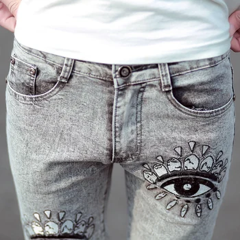 Mens skinny jeans slim pencil pants 2017 new Korean fashion elastic jeans cotton eye patterm printed embroidered jeans men