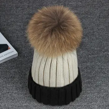 Cotton 13CM Real Raccoon Fur Pompon Fur Hats Mix Color Casual Warm Women Winter Knitted Hat Female Skullies Beanies