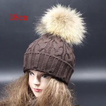 Winter super big size pom pom fur 18cm genuine raccoon fur hat multi color knitted exported twisted beanies unisex warm beanies