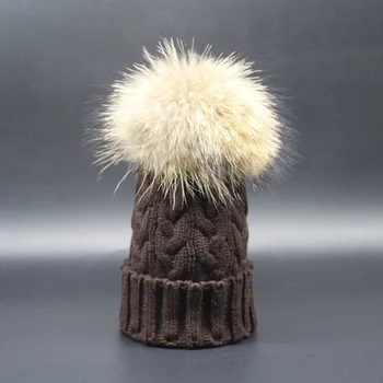 Winter super big size pom pom fur 18cm genuine raccoon fur hat multi color knitted exported twisted beanies unisex warm beanies