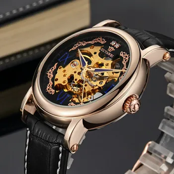 OUYAWEI Diamond Design Black Gold Watch Mens Watches Top Brand Luxury Relogio Male Clocks Skeleton Mechanical Watch Montre Homme