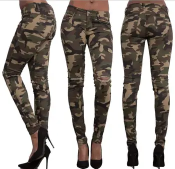 Newest Knee Holes Ripped Stretch Skinny Pencil Pants Women High Waist Slim Camo Painted Long Trousers Pants