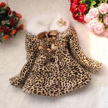 Autumn winter children clothing baby girls Leopard faux fox fur collar coat with bow wear Clothes baby outerwear dress jacket