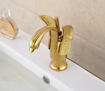 Luxury Swan Shape Golden Bathroom Sink Faucet Single Handle Basin Mixer Tap