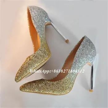 Designer Shoes Women Luxury 2017 Chaussure Femme Talon Sexy Heels Metallic Stiletto Pumps Gradient Color Glitter Wedding Shoes