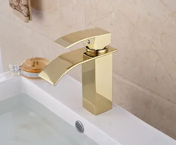 NEW Gold Brass Waterfall Spout Batrhroom Sink Basin Faucet Mixer Tap Deck Mounted
