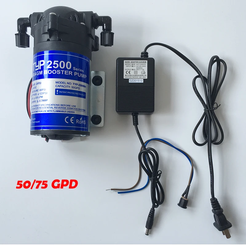 Water Filter DC24v Water Booster Pump High Pressure with DC24v 1.5A Transformer for 50/75GPD Machine Increase RO System Pressure
