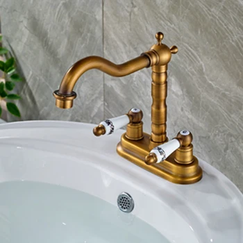 Antique Brass Basin Faucet Double Ceramic Handles Mixer Tap Deck Mounted