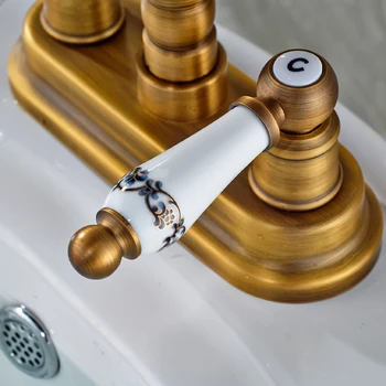 Antique Brass Basin Faucet Double Ceramic Handles Mixer Tap Deck Mounted