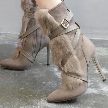 2017 new winter snow boots first layer of matte leather high-quality fashion Feathers Fashion Boots Pointed Toe Thin Heels