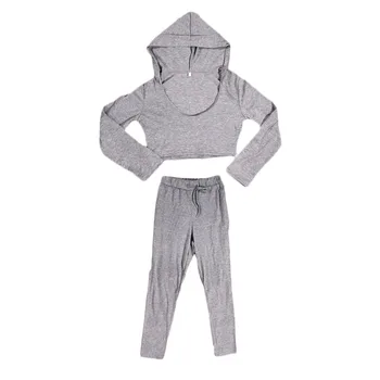 HW2016  Causual Sports Leggings And Hooded Crop Top Shirt 2 Pieces In 1 Set Grey