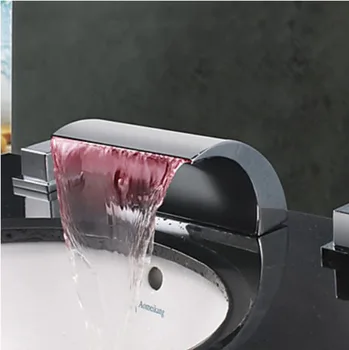 Contemporary Arcuate Spout Waterfall LED Changing Color Bathroom Sink Faucet Basin Mixer Tap