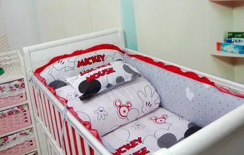 Promotion! Mickey Mouse 6pcs baby bed set bedding cotton set for super soft colorful crib linen (bumper+sheet+pillowcase)
