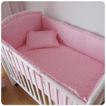 Promotion! 6PCS Pink Applique baby bedding crib set ,crib bumper (bumper+sheet+pillow cover)