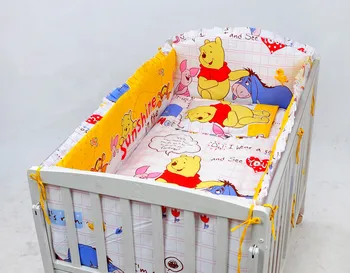 Promotion! 6PCS Bear Baby Bedding Set Unpick,Crib Sheet,Comfortable Cartoon Printed Crib Bed Set (bumper+sheet+pillow cover)