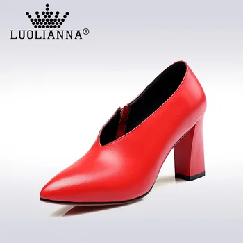 2017 spring pointed toe single shoes women thick heel all-match genuine leather high-heeled shoes woman sheepskin ping