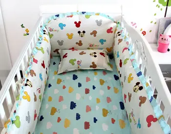 Promotion! 6PCS Mickey Mouse infant Bedding Set Baby Crib Sheets, (bumpers+sheet+pillow cover)