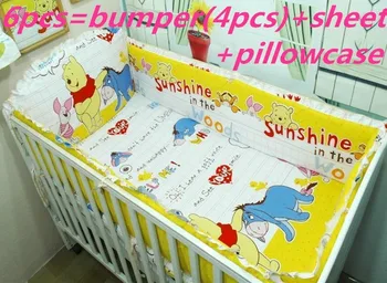 Promotion! 6PCS baby Cot Crib bedding Set Embroidery Baby Bumpers Sheet (bumper+sheet+pillow cover)
