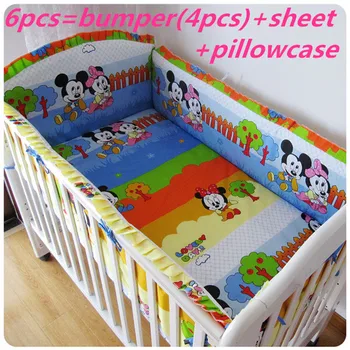 Discount! 6/7pcs Mickey Mouse Bedding Set Cotton Curtain Crib Bumper Baby Bedding Sets for Baby Set,120*60/120*70cm