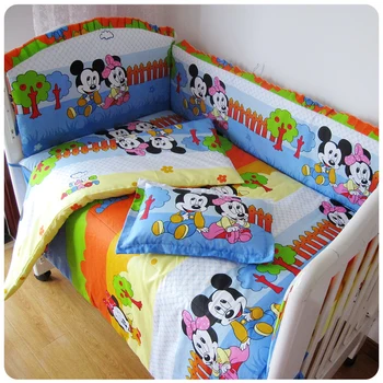 Discount! 6/7pcs Mickey Mouse Bedding Set Cotton Curtain Crib Bumper Baby Bedding Sets for Baby Set,120*60/120*70cm