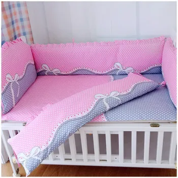 Promotion! 6PCS Pink Bow Price Crib Bedding Set For Children's Bed Crib Set Baby Bedding (bumper+sheet+pillow cover)